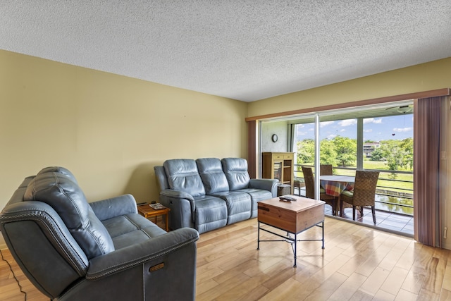 living area featuring light wood-style flooring and a textured ceiling