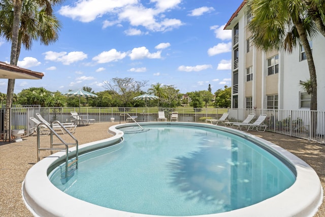 community pool with a patio and fence
