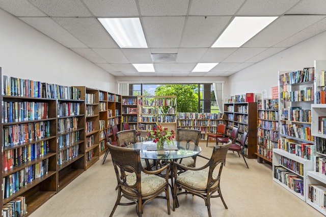 dining room featuring a drop ceiling and carpet floors