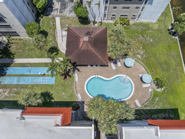 aerial view of a pool area