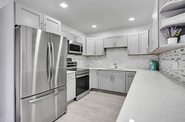 kitchen featuring appliances with stainless steel finishes, open shelves, a sink, light countertops, and backsplash