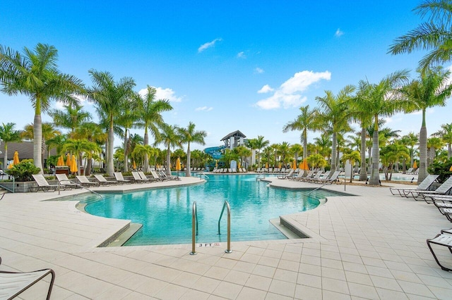 community pool with a patio area