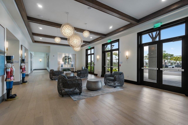 common area featuring beam ceiling