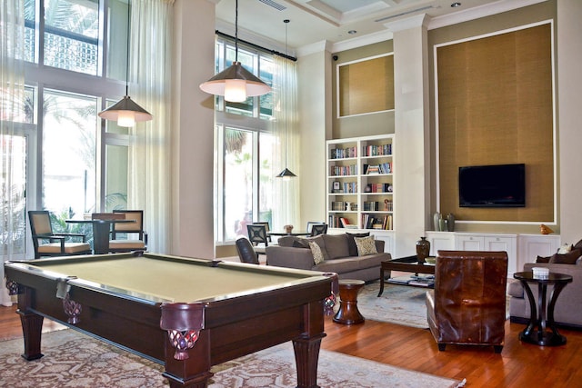 480 Hibiscus St Unit 709, West Palm Beach, FL 33401 - recreation room featuring a high ceiling, wood finished floors, pool table, and crown molding