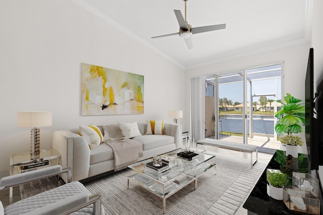 8623 Mangrove Cay, West Palm Beach, FL 33411 - living area with lofted ceiling, crown molding, and a ceiling fan