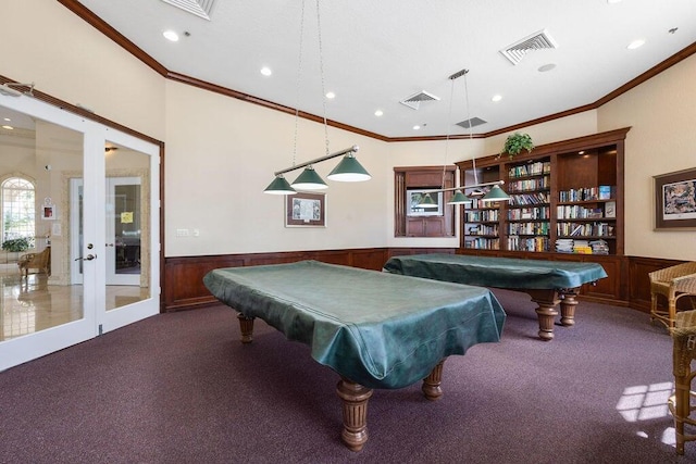 8623 Mangrove Cay, West Palm Beach, FL 33411 - playroom with ornamental molding, billiards, a wainscoted wall, carpet, and recessed lighting