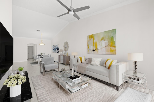8623 Mangrove Cay, West Palm Beach, FL 33411 - tiled living area with vaulted ceiling, arched walkways, a ceiling fan, baseboards, and ornamental molding