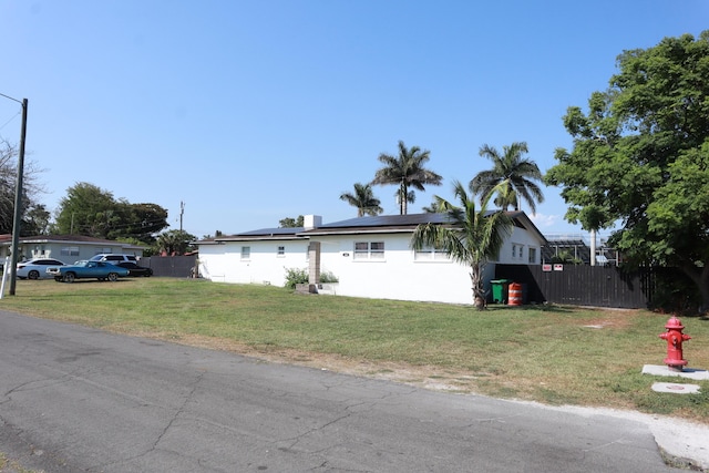 view of front of home with solar panels and stucco siding