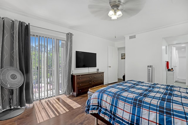 bedroom featuring wood finished floors, access to outside, ceiling fan, and crown molding
