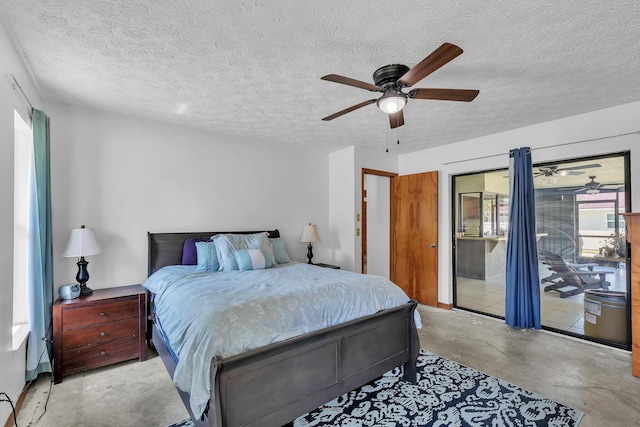 1290 SE Mcfarlane Ave, Port Saint Lucie, FL 34952 - bedroom with concrete floors, access to exterior, a textured ceiling, and ceiling fan