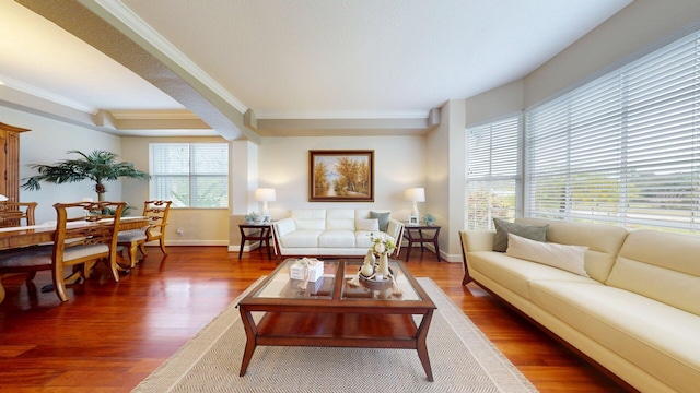15511 63rd Pl N, Loxahatchee, FL 33470 - living room with crown molding, wood finished floors, and baseboards