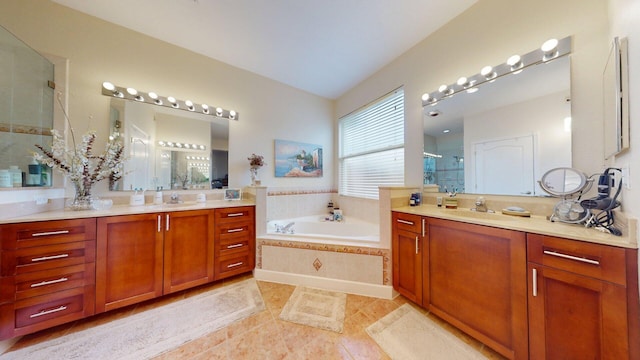 15511 63rd Pl N, Loxahatchee, FL 33470 - full bathroom featuring a stall shower, a garden tub, two vanities, and tile patterned floors