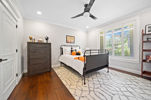 5211 SW Bimini Cir N, Palm City, FL 34990 - bedroom with hardwood / wood-style floors, crown molding, baseboards, recessed lighting, and ceiling fan