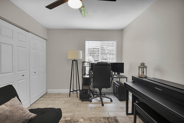 9794 Ridgecreek Rd, Boca Raton, FL 33496 - office area with a ceiling fan, light wood-style floors, and baseboards