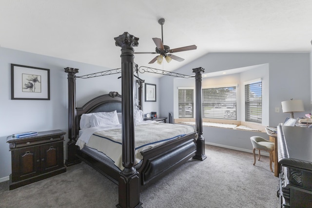 bedroom featuring vaulted ceiling, carpet flooring, baseboards, and a ceiling fan