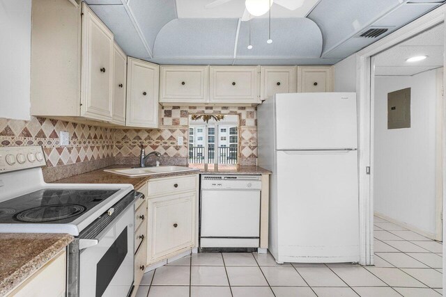 2871 N Ocean Blvd Unit M334, Boca Raton, FL 33431 - kitchen featuring white appliances, a sink, tasteful backsplash, light tile patterned floors, and electric panel