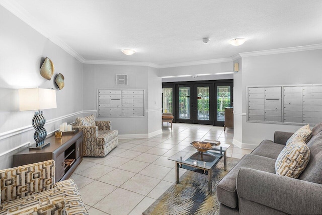 2871 N Ocean Blvd Unit M334, Boca Raton, FL 33431 - living area with mail area, light tile patterned flooring, crown molding, baseboards, and a textured ceiling