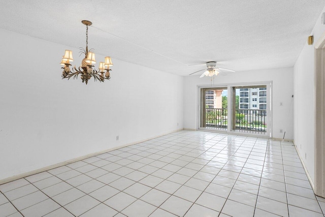2871 N Ocean Blvd Unit M334, Boca Raton, FL 33431 - empty room featuring a chandelier, ceiling fan, a textured ceiling, baseboards, and light tile patterned flooring