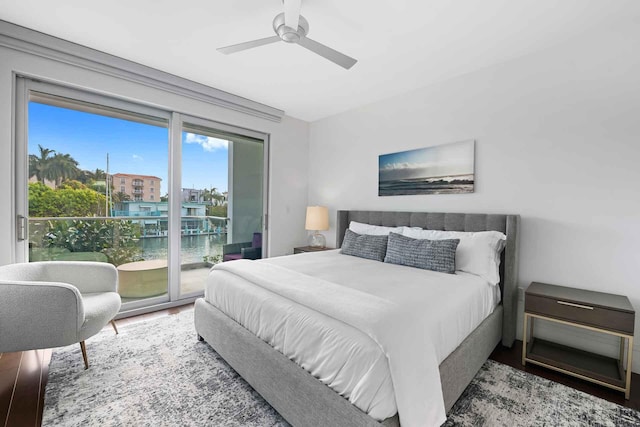 120 N Gordon Rd Share A, Unit Share A, Fort Lauderdale, FL 33301 - bedroom with access to exterior, wood finished floors, a ceiling fan, and a water view