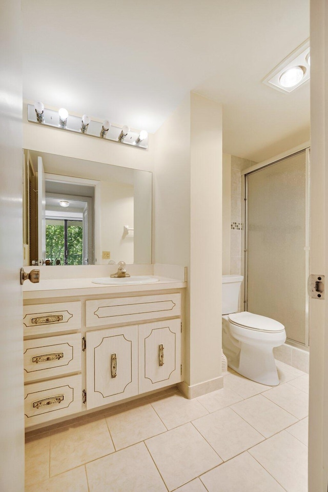 full bath featuring tile patterned flooring, toilet, a shower stall, and vanity