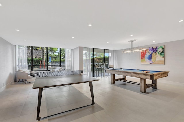 game room featuring expansive windows, billiards table, recessed lighting, and baseboards