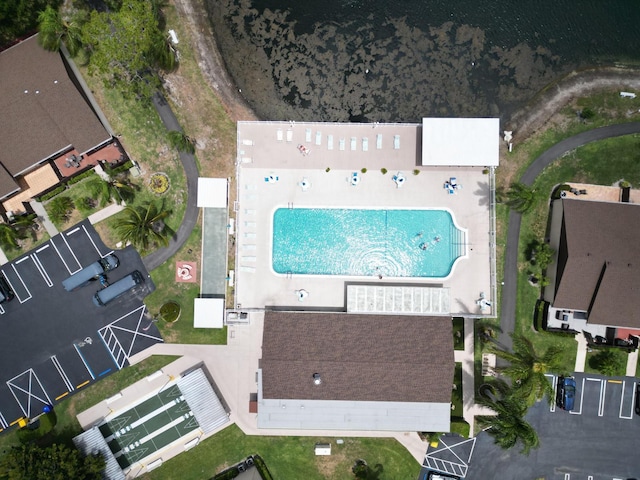 aerial overview of property's location with a pool area