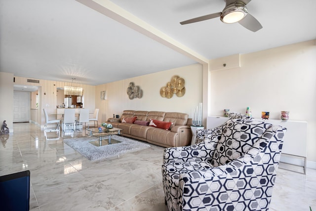 7290 Kinghurst Dr Unit 607, Delray Beach, FL 33446 - living area featuring marble tiled flooring, a ceiling fan, and a chandelier