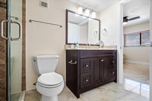 7290 Kinghurst Dr Unit 607, Delray Beach, FL 33446 - full bath with marble tiled flooring, vanity, a shower stall, and a ceiling fan