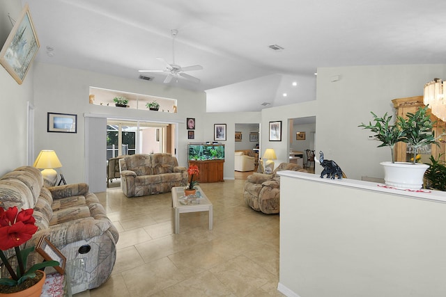 3204 SE Otis Ln, Port Saint Lucie, FL 34984 - living room featuring ceiling fan, light tile patterned floors, and high vaulted ceiling