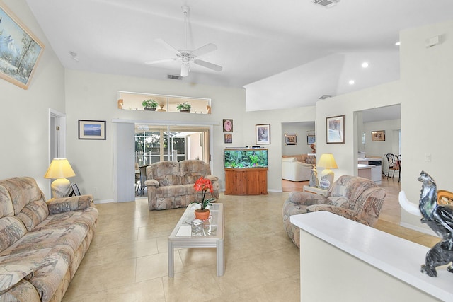 3204 SE Otis Ln, Port Saint Lucie, FL 34984 - living area with high vaulted ceiling, ceiling fan, baseboards, and recessed lighting