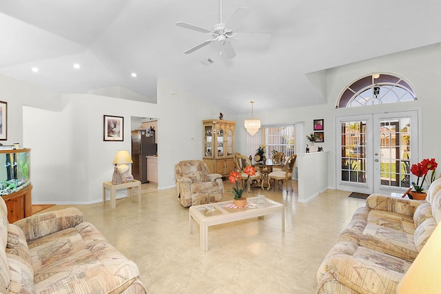 3204 SE Otis Ln, Port Saint Lucie, FL 34984 - living room with french doors, ceiling fan, light tile patterned floors, recessed lighting, and baseboards