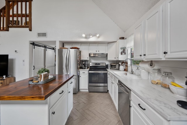 12389 186th St N, Jupiter, FL 33478 - kitchen featuring stainless steel appliances, butcher block counters, a sink, under cabinet range hood, and white cabinetry