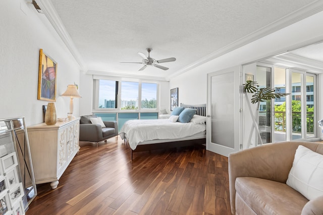 901 E Camino Real Unit 5C, Boca Raton, FL 33432 - bedroom with ornamental molding, a textured ceiling, dark wood-type flooring, a ceiling fan, and access to outside