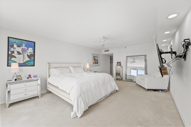 901 E Camino Real Unit 5C, Boca Raton, FL 33432 - bedroom featuring light colored carpet, recessed lighting, a ceiling fan, and baseboards