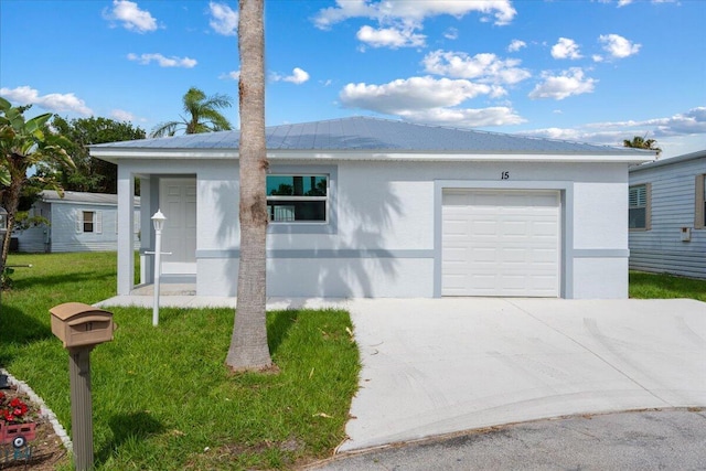 ranch-style home featuring concrete driveway, a garage, stucco siding, and a front lawn
