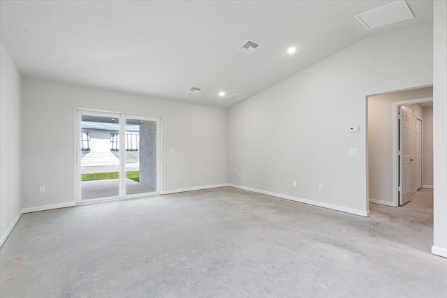 empty room featuring concrete floors, baseboards, recessed lighting, and vaulted ceiling