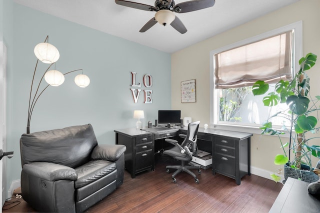office featuring dark wood finished floors, baseboards, and ceiling fan