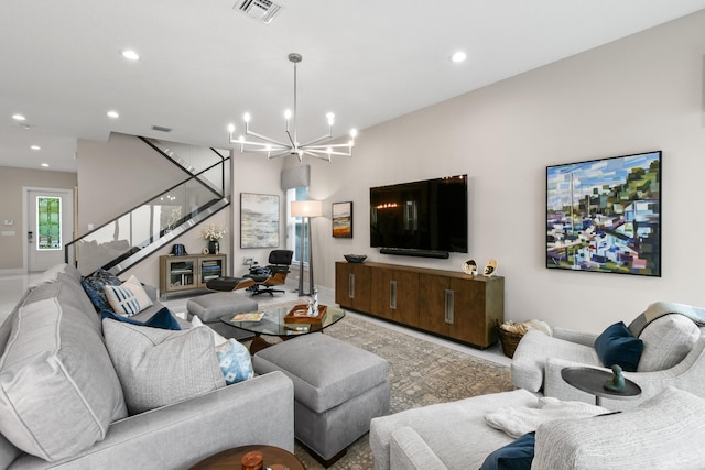 6028 Curie Pl, Palm Beach Gardens, FL 33418 - living room with a chandelier, stairway, recessed lighting, and baseboards