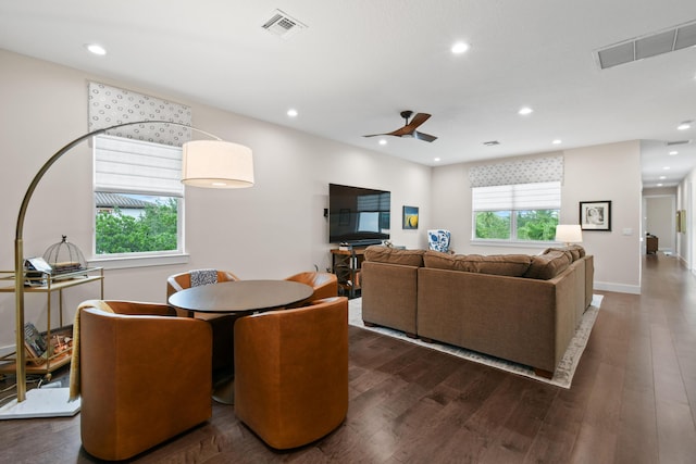 6028 Curie Pl, Palm Beach Gardens, FL 33418 - living room with plenty of natural light, wood finished floors, recessed lighting, and a ceiling fan