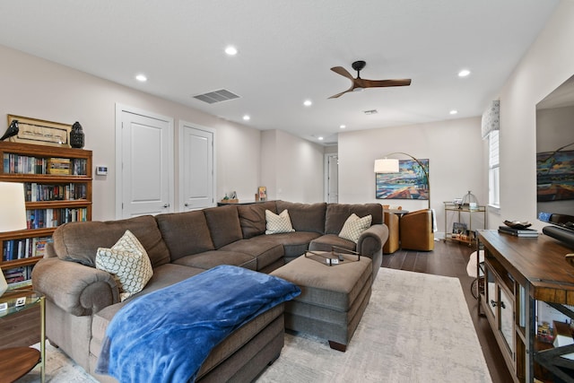 6028 Curie Pl, Palm Beach Gardens, FL 33418 - living area featuring a ceiling fan, wood finished floors, and recessed lighting
