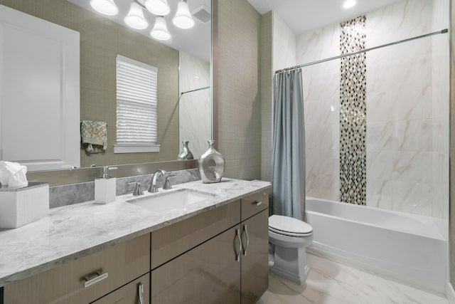 6028 Curie Pl, Palm Beach Gardens, FL 33418 - full bath with toilet, shower / bath combination with curtain, vanity, and marble finish flooring