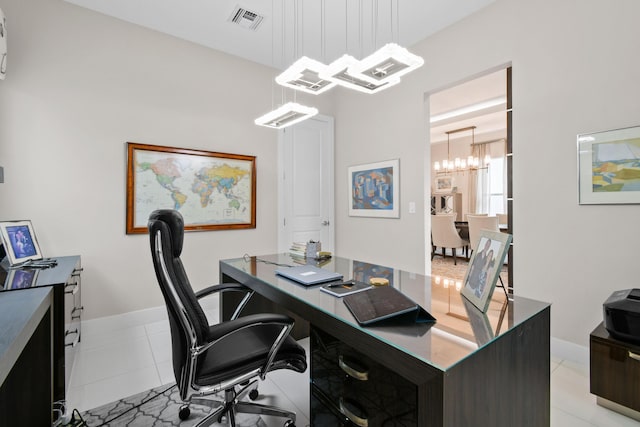 6028 Curie Pl, Palm Beach Gardens, FL 33418 - home office with a chandelier, light tile patterned flooring, and baseboards