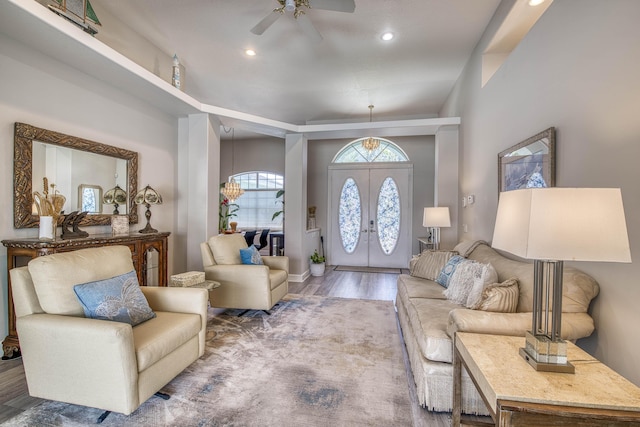 2720 SE Kern Rd, Port Saint Lucie, FL 34984 - foyer entrance with a ceiling fan, wood finished floors, french doors, and recessed lighting