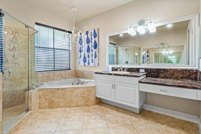 4205 Artesa Dr, Boynton Beach, FL 33436 - full bath featuring a stall shower, a garden tub, tile patterned flooring, vanity, and a chandelier
