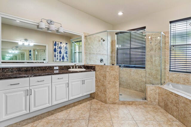 4205 Artesa Dr, Boynton Beach, FL 33436 - bathroom with a shower stall, tile patterned floors, vanity, and a bath