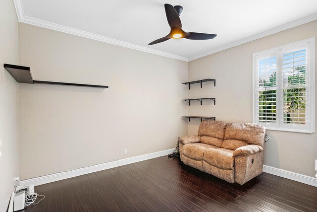 4205 Artesa Dr, Boynton Beach, FL 33436 - sitting room featuring baseboards, ornamental molding, dark wood-type flooring, and a ceiling fan