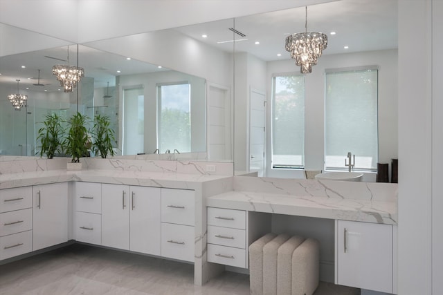 18074 Sentinel Cir, Boca Raton, FL 33496 - full bathroom featuring a chandelier, vanity, recessed lighting, and a shower stall
