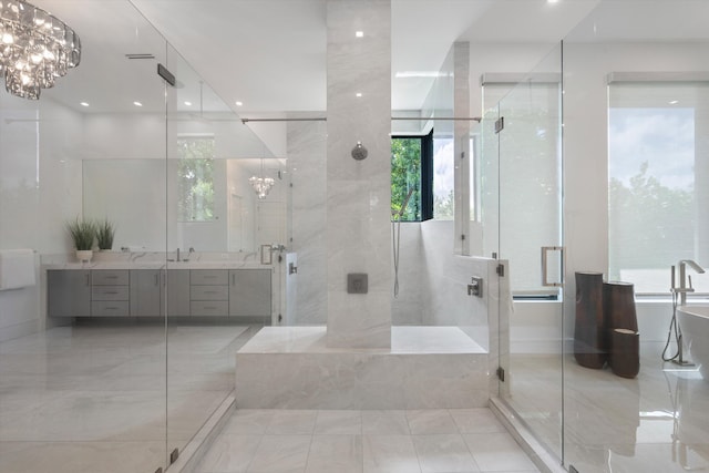 18074 Sentinel Cir, Boca Raton, FL 33496 - full bath with a chandelier, a soaking tub, vanity, a stall shower, and recessed lighting