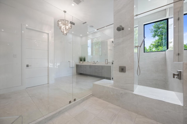 18074 Sentinel Cir, Boca Raton, FL 33496 - full bath featuring walk in shower, a chandelier, and vanity