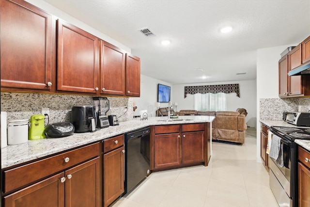 482 NW Fairfax Ave, Port Saint Lucie, FL 34983 - kitchen featuring dishwasher, electric range, a sink, open floor plan, and decorative backsplash
